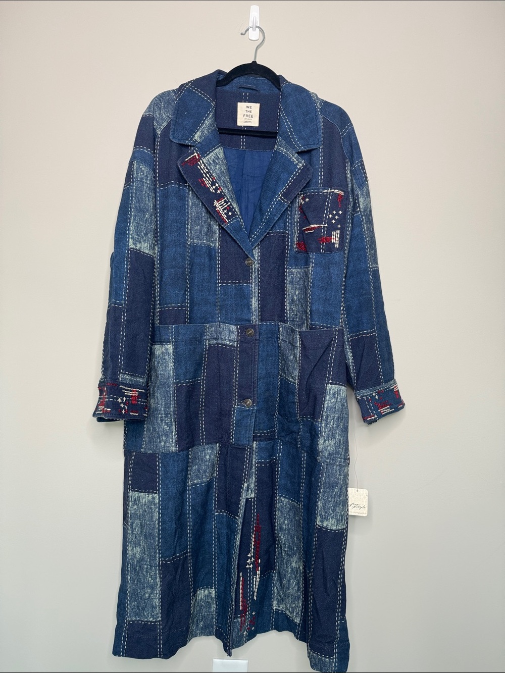 We The Free Patchwork Indigo Trench OVERSIZED Coat Size M/L Fits like 2X